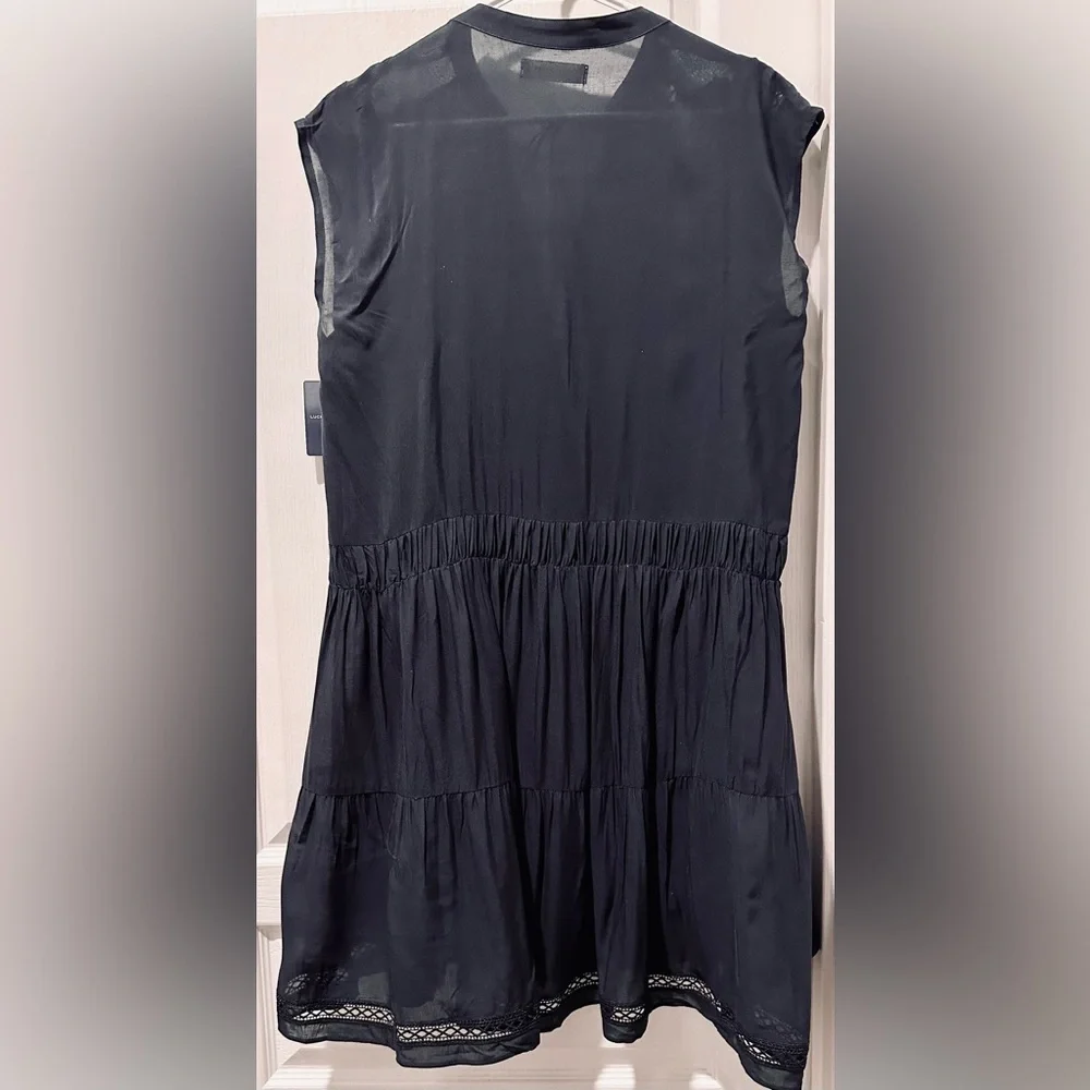 NWOT Lucky Brand Capped Sleeves Black Boho Dress w Lace Insets